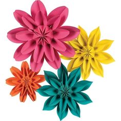 four different colored paper flowers on a white background