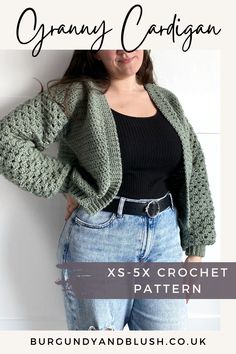 the granny cardigan pattern is available in sizes ranging from 3x - 5x