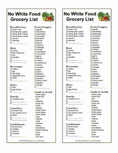 The no white food diet in this printable grocery list mostly eliminates white flour, white sugar, and salt. Free to download and print No White Food Diet, No White Diet, Low Histamine Foods, Kosher Diet, Printable Grocery List, Sugar Detox Diet, Low Histamine Diet, Food Grocery, Grocery List Printable