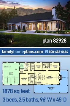 two story house plan with 3 beds, 2 baths, 9'x5 '