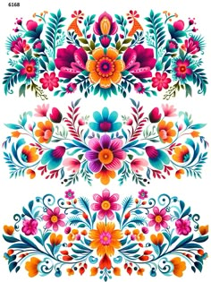 colorful flowers and leaves are arranged in the shape of an ornament on a white background