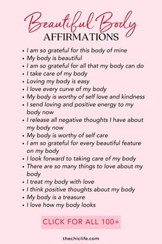 a pink background with the words, beautiful body affirmationss and an image of a