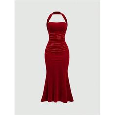 This Bodycon Masterpiece Features A Sultry Halter Neckline And Ruched Detailing That Sculpts Your Figure. The Backless Design And Mermaid Hem Add A Touch Of Allure, While The High-Stretch Velvet Fabric Ensures A Comfortable, Slim Fit. Perfect For Making A Statement At Any Event, This Long, Sleeveless Dress Promises An Unforgettable Look. Red Halter Dress Long, Little Red Dress Classy, Red Velvet Dress Short, Red Hoco Dress, Red Halter Dress, Long Sleeveless Dress, Velvet Dress Short, Red Silk Dress, Long Halter Dress