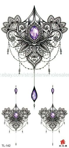 an intricate design with purple stones and jewels on it's side, in black ink