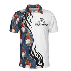 a polo shirt with flames and balls on it