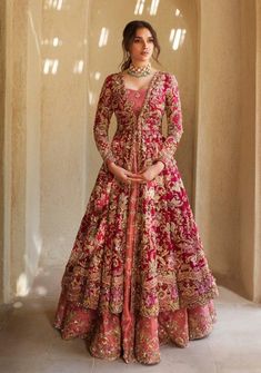 Anarkali For Bride, Red Bridal Anarkali Suits, Anarkali Bridal Dress, Anarkali Dress For Engagement, Anarkali Suits For Engagement, Anarkali Bridal Suits, Engagement Anarkali Suits, Desi Bridal Outfits, Frocksuit Design For Women