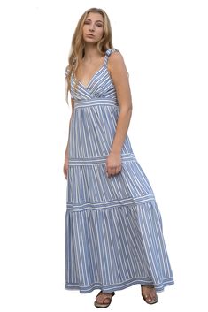 Striped Maxi Dress 100% Rayon V-Neck maxi dress with tie-knot strap Striped Maxi Dress, Striped Maxi, Striped Maxi Dresses, Dress With Tie, Tie Knots, Dress 100, Medium Blue, Latest Fashion Trends, Knot