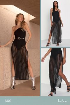 From beachfront parties to strutting through festivals, you'll turn heads in the Lulus Sheer Stunner Black Crochet One-Shoulder Midi Bodysuit Dress! A sheer, loose crochet overlay (atop a black knit bodysuit with snap closures) shapes this boho-inspired dress that features an asymmetrical, one-shoulder neckline supported by dual adjustable spaghetti straps. Fitted bodice carries into a figure-skimming midi skirt with thigh-high slits on each side. Hidden back zipper/clasp. Fit: This garment runs Stretch Cover-up For Summer Parties, Stretch Summer Cover-up For Party, Summer Party Stretch Cover-up, Stretch Cover-up For Summer Festivals, Stretch Beachwear Cover-up For Party, Sleeveless Swimwear For Summer Party, Bohemian Stretch Cover-up For Parties, Summer Party Beach Dress With Stretch, Hollow Out Beach Party Dress