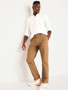 button front belt loops zip fly hip pockets back welt pockets straight thigh and leg hits below ankle model is approx.  6'1" and wears size 32w x 32lmachine wash according to the care instruction label spandex 2% cotton 98% Khaki Pants Outfit Men Fall, Mens Khaki Pants Outfit, Khaki Pants Outfit Men, Khaki Pants Outfit, Camel Pants, Pants Outfit Men, Khaki Pants Men, Gap Men, Pants Brown