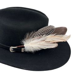 The Cheyenne hat feather is hand constructed with a brown and cream feathers for a natural hat accent. Tuck into the band of any hat. Hat not included.