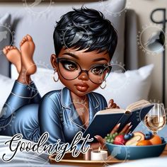 a digital painting of a woman reading a book in bed with food and wine on the side