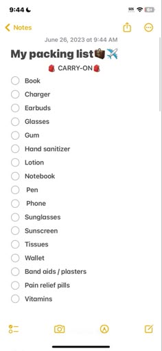 an iphone screen with the text my packing list on it