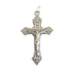 "This silver color Pardon Crucifix pendant has ornate decoration on the front and above the cruciform figure the sign \"JNRJ\" (Jesus of Nazareth, King of the Jews). On the back is the Sacred Heart of Jesus image with two inscriptions in French: \"Father, forgive them.\" and \"Behold this heart which has so loved men.\" Great as a pendant for a Catholic jewelry necklace, rosary crucifix or give as a gift. Made of oxidized silver base metal. Measures approx 1-7/8\" long (without the jump ring) x Catholic Jewelry Necklace, Father Forgive Them, Jesus Of Nazareth, The Sacred Heart Of Jesus, Catholic Necklace, The Sacred Heart, Sacred Heart Of Jesus, Catholic Rosary, Types Of Gifts