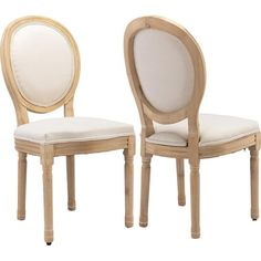 two wooden chairs with white upholstered back and seat cushions, one in the shape of a circle