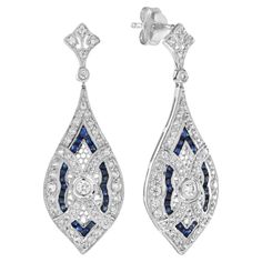 Majesté Art Deco Style Diamond and Sapphire Marquise Shaped Drop Earrings For Sale at 1stDibs | art deco style earrings, deco earrings, marquise sapphire earrings Marquise Sapphire, Art Deco Metal, Deco Earrings, Earring Box, French Cut, Style Art Deco, Estilo Art Deco, Diamond Drops, Sapphire Earrings