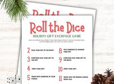 roll the dice holiday gift exchange game with pine cones and christmas decorations on white wood background