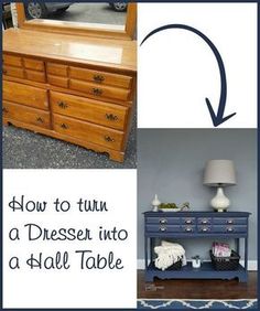 how to turn a dresser into a tall table with pictures and text overlays