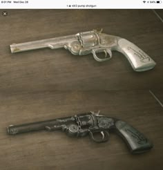 two revolvers are shown side by side on a wooden surface, one is silver and the other is black