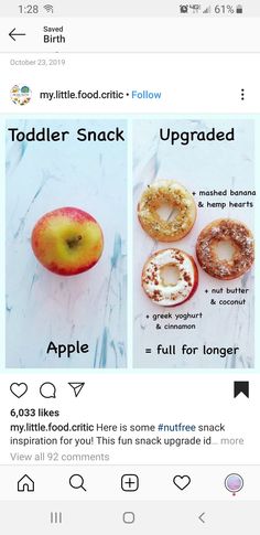 an iphone screen with two pictures of apples and donuts, one is for toddler snack