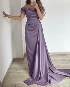 Purple Bridesmaid Dress For Prom Evening, Off-shoulder Evening Dress With Ruched Bodice For Wedding, Formal Off-shoulder Fitted Mother Of The Bride Dress, Off-shoulder Fitted Mother Of The Bride Dress, Purple Bridesmaid Dress For Prom Season, Purple One-shoulder Evening Dress For Prom, Purple Bridesmaid Dress For Prom, Strapless Fitted Bridesmaid Dress With Sweep Train, Purple Off-shoulder Evening Dress For Party