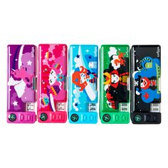 four different colored lighters are lined up in the same row and one has an image of cartoon characters on it