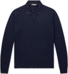 Luxury Cotton Sweater With Ribbed Cuffs, Blue Cashmere Sweater With Ribbed Collar, Luxury Blue Sweater For Work, Luxury Blue Sweater For Workwear, Navy Cashmere Sweater For Work, Blue Cashmere Outerwear With Ribbed Cuffs, Designer Long Sleeve Cashmere Sweater, Classic Navy Cashmere Sweater, Luxury Blue Long Sleeve Sweater