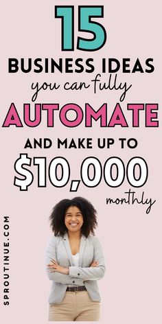 a woman standing in front of a pink background with the words 15 business ideas you can fully automate and make up $ 10, 000