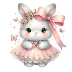 a white rabbit wearing a pink dress with flowers on it's head and butterflies around its neck