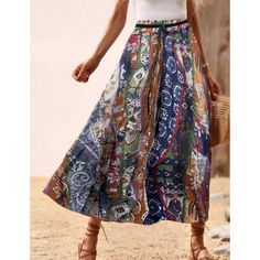 Navy Blue Bohemia Print High Waist Skirt Bohemian Blue Bottoms For Summer, Summer Bohemian Blue Bottoms, Casual Non-stretch Multicolor Skirt, Casual Flowy Ankle-length Maxi Skirt, Blue Pleated Skirt For Vacation, Casual Ankle-length Flowy Maxi Skirt, Flowy Ankle-length Skirt For Vacation, Blue Maxi Skirt With Elastic Waistband For Vacation, Bohemian Ankle-length Lined Skirt