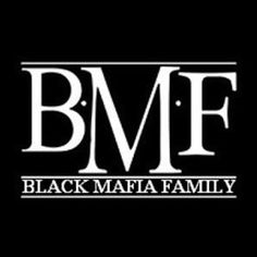 the b m f logo on a black background