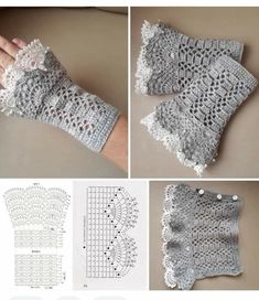 crocheted gloves with buttons and laces are shown in three different pictures, one is