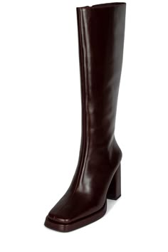 Square-toe platform knee-high boot. Fits true to size Measurements taken from a size 7 3.5" heel, 0.5" platform 14" shaft, 14" leg opening Leather Upper, Fabric / Leather Lining, Synthetic Sole Zipper closure Martini Outfit, Outfits For France, Black Square Toe Boots, Style Inspo 2023, Nyc Closet, Brown Leather Knee High Boots, Jeffrey Campbell Boots, Boot Fits, Brown Heeled Boots