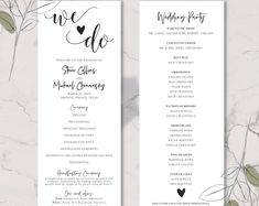 two white wedding programs with black ink on them and greenery around the edges, sitting on a marble background