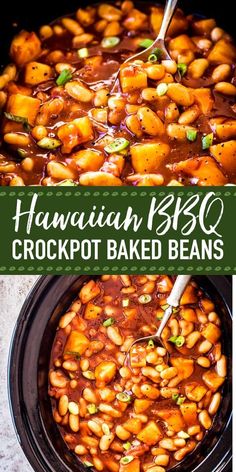 hawaiian bbq crockpot baked beans in a slow cooker with text overlay