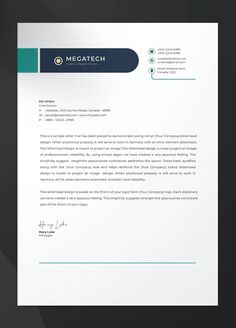 a letterhead with a green and blue stripe on the front, and a white envelope that says megatech