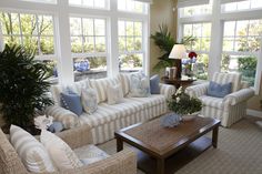 a living room filled with lots of furniture and large windows above the couches in front of them