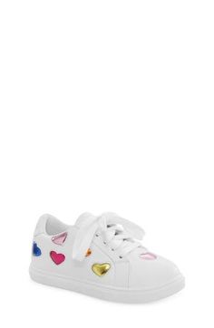 A sparkly array of metallic rainbow hearts will delight the tiny trendsetter strutting the playground in this sporty sneaker brimming with charm. Lace-up style Removable insole Leather upper/textile lining/rubber sole Imported Playful Low-top Rainbow Sneakers, Playful Rainbow Low-top Sneakers, Cute Multicolor Low-top Sneakers, Playful Spring Sneakers For Playtime, Playful Low-top Sneakers With White Sole, Cute Multicolor Sneakers For Playtime, Playful Lace-up Sneakers For Playtime, Multicolor Low-top Sneakers For Playtime, Cute Lace-up Sneakers For Playtime