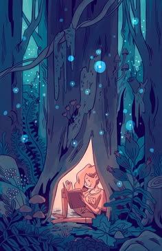 an illustration of a person sitting in a tent under a tree with blue bubbles coming out of it