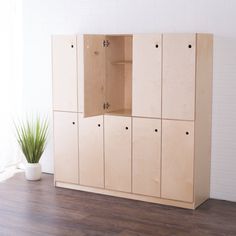 a wooden cabinet sitting on top of a hard wood floor next to a potted plant