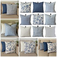 blue and white pillows on a couch with the instructions to make them look like they have been