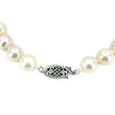 This is a lovely, large and vintage Japanese saltwater akoya cultured pearl bracelet. The pearls are fairly large and measure 7.00-7.50mm and are round . They are a creamy white color and have great luster with bright rosy overtones. It is set in solid sterling silver and is stamped "STERLING". Clasp is detailed with filigree and milgrain. Total length is 7 1/4 inch. From 1950's-1970's. All pearls are truly vintage and have only been lightly cleaned and restrung. Cultured Pearl Bracelet, Retro Bracelet, Creamy White, Cultured Pearls, Vintage Japanese, Pearl Bracelet, Sterling Silver Bracelets, White Color, 4 Inch