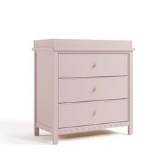 a pink dresser with three drawers on top