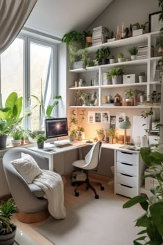 a home office with plants in the corner