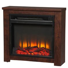 an electric fireplace with flames and logs