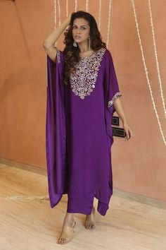 Purple asymmetric hem kaftan with gota and glass beads embroidered yoke. Paired with coordinating solid pant. - Aza Fashions Semi-stitched Kaftan For Designer Wear, Purple Georgette Palazzo Set, Genelia D'souza, Sanya Malhotra, Anushree Reddy, Diana Penty, Pant Women, Karisma Kapoor, Rohit Bal