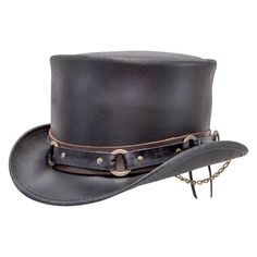 Inside every one of us beats the heart of a hero. The Voodoo Hatter El Dorado leather top hat with SR2 band is made to compliment your long-coat as you step from the darkness into the neon night and battle the enemies of ultimate cool. Weird Hats, Steampunk Hatter, Leather Top Hat, American Hat Makers, American Hat, Steampunk Top Hat, Black Top Hat, Black Leather Top, Brass Rings