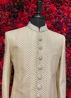 The Darpan Sherwani exudes sophistication with its elegant ivory tone and intricate textured pattern. This timeless sherwani is a perfect choice for weddings and formal celebrations, offering a regal look with unmatched craftsmanship. Key Features: Elegant Design: Ivory sherwani with detailed textured patterns. Premium Fabric: Crafted with high-quality materials for comfort and style. Customizable Accessories: Dupatta, mojari, safa, and jewelry can be tailored to your preference. Color - Ivory W Designer Off White Kurta With Resham Embroidery, Designer Off-white Bandhgala For Eid, Designer Cream Kurta For Eid, Designer Off-white Bandhgala With Resham Embroidery, Designer Cream Traditional Wear For Festive Occasions, Designer Cream Kurta With Zari Work, Designer Cream Kurta For Transitional Season, Designer Cream Traditional Wear With Resham Embroidery, Designer Off White Kurta With Zari Work