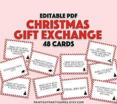 printable christmas gift exchange cards with red and white stripes on the bottom, in front of