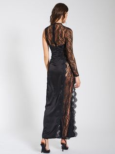 This one-lace-sleeve wonder boasts a high slit with scalloped lace trimming, creating a stunning silhouette. A teardrop-shaped cutout across the chest and sheer lace panels on both sides of the maxi dress add an extra touch of allure. Crafted from a gorgeous floral print stretch lace (unlined) and double duchess satin (lined), the dress features an invisible zipper at the center back for seamless closure. Perfect for a range of occasions, including holiday parties, a night out on the town, or ri Black Lace V Neck Dress, Boudiour Poses, Satin Clothing, Modern Qipao, Duchess Satin, High Fashion Outfits, Guest Attire, Black Satin Dress, Wedding Attire Guest