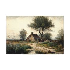 an old painting of a farm house in the country side with a path leading to it